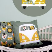 Sierkussen Safari Bus dieren olijf groen 40x40 tweezijdig met rits inclusief vulling voor kinderkamer