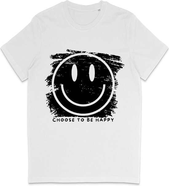 T-shirt blanc avec un imprimé smiley noir et le texte "CHOOSE TO BE HAPPY".