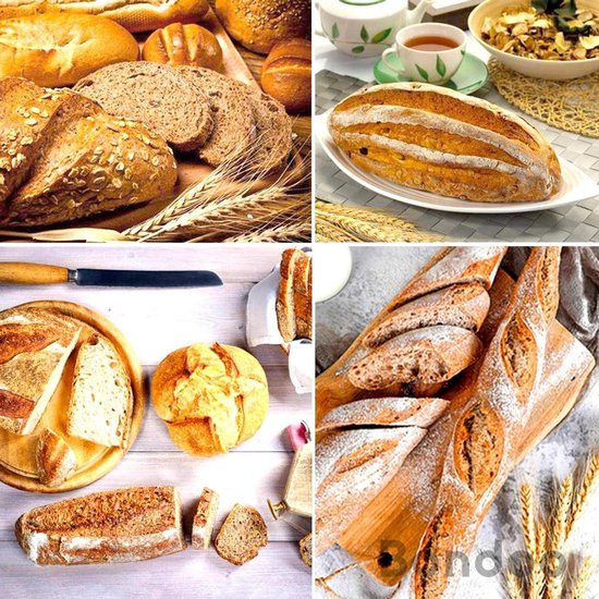 Collage van diverse broden, waaronder landbrood, baguettes en tarwebrood, en thee.