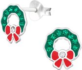 Joy|S - Zilveren kerst oorbellen - kerstkrans - 7 x 8 mm - groen met rood - kristal - krans kinderoorbellen