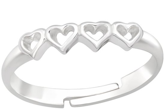 Joy|S - Zilveren hartje ring - verstelbaar - kinderring met vier hartjes