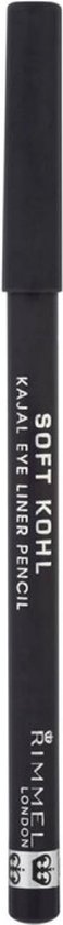 Zwarte oogpotlood met 'Soft Kohl Kajal Eye Liner Pencil' en 'Rimmel London' op de schacht.