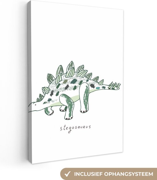 Canvas schilderij groene dinosaurus 40x60 - Kinderkamer decoratie stegosaurus - Jeugdkamer jongens - Kinderslaapkamer - Jongenskamer - Muurdecoratie slaapkamer - Wanddecoratie - Kamer decoratie - Wanddoek interieur binnen - Canvasdoek