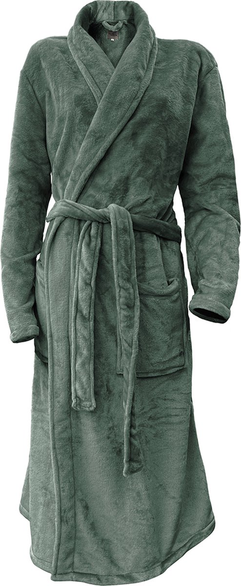 LINNICK Flanel Fleece Uni Badjas - Olive Green - M - Badjas Dames - Badjas Heren