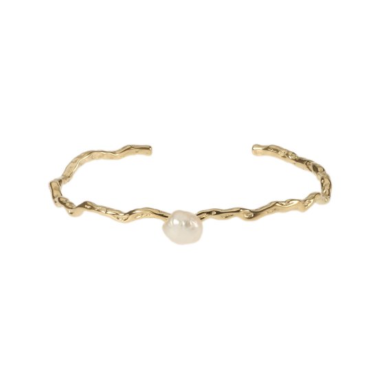 The Jewellery Club - Noe Pearl Bangle Gold - Bracelet - Bracelet Femme - Perle - Acier inoxydable - Or - 6 cm