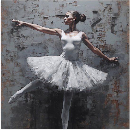 Poster Glanzend – Muurschildering van Witte Dansende Ballerina - 50x50 cm Foto op Posterpapier met Glanzende Afwerking