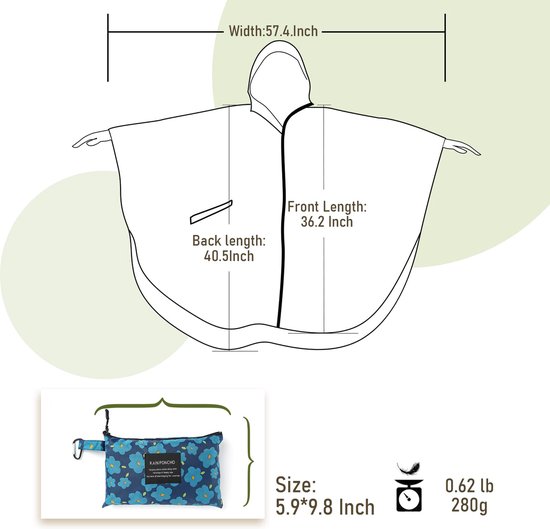 Schematische tekening van een blauwe regenponcho met bloemenprint, inclusief afmetingen en opbergzak.
