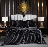 Satijnen beddengoed, 135 x 200 cm, 4-delig, zwart, glanzend, zijde, eenpersoonsbed, met ritssluiting en kussenslopen, 80 x 80 cm