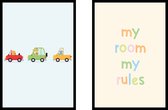 Poster Dieren in auto en My room my rules - Kinderkamer poster - Babykamer poster - Dieren poster - Kinderkamer decoratie - 21x30 cm - A4 - Exclusief lijsten - WALLLL