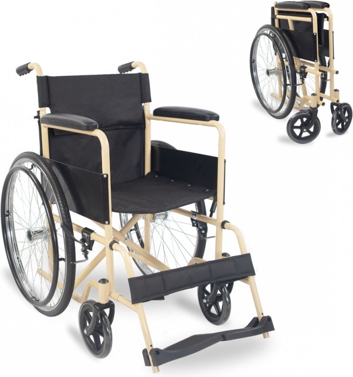 Goedkoopste Mobiclinic Denver - Rolstoel - Opvouwbare rolstoel - Afneembare rugleuning en voetensteun - Staal - Grote wielen 46cm - Zwart en beige