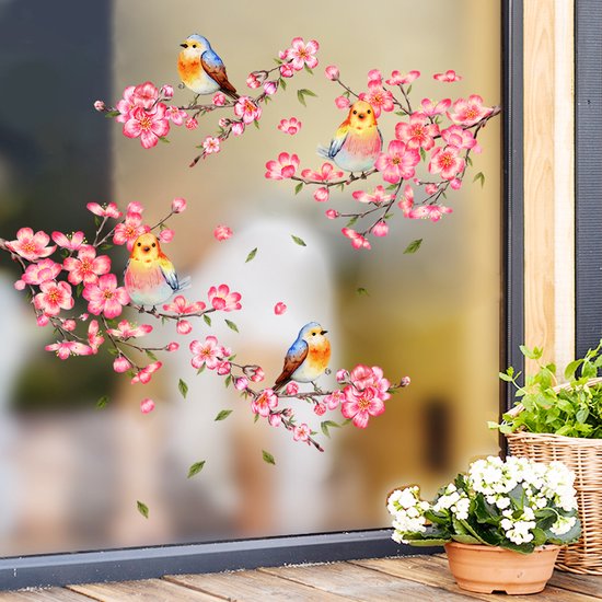 Raamsticker | Vogels op tak met roze bloemen | Dubbelzijdig bedrukt | Verwijderbaar | Vogelbescherming | Raamdecoratie | Woonkamer | Huis inrichting | Stickers | Stickerkamer®