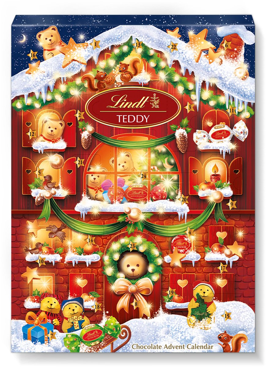 Lindt TEDDY Chocolade Adventskalender Interactief voor Kinderen 170 gram - 24 chocolade verrassingen - Aftellen tot Kerst - 24 chocolade verrassingen - Kerstcadeau - Chocolade cadeau