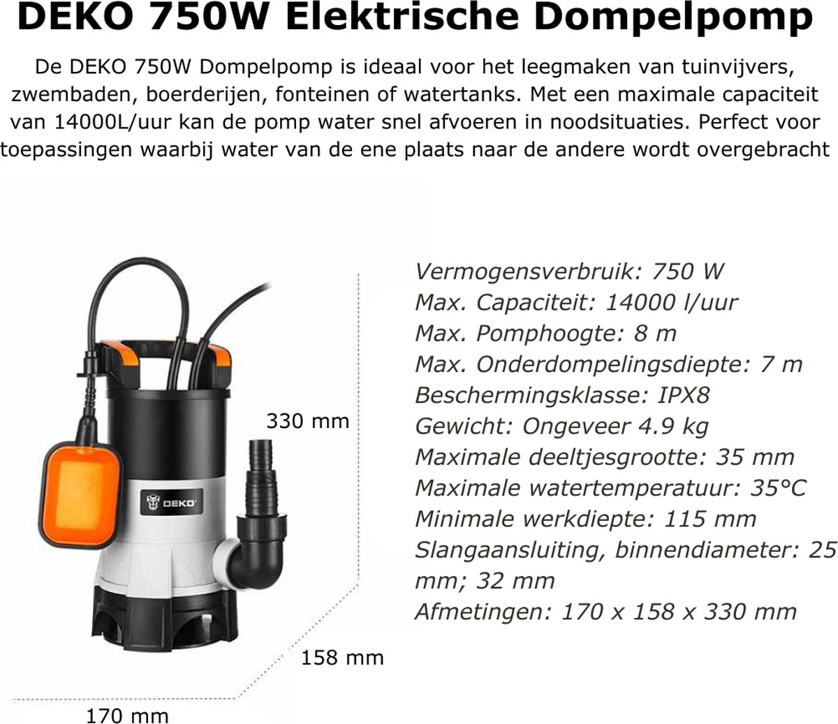 DEKO® Pompe submersible - Pompe d'aspiration plate Water propre