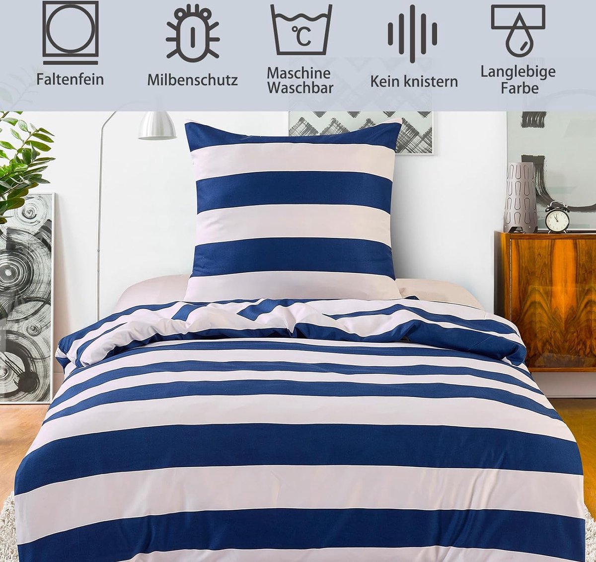 HENGWEI Winterbeddengoed 155 x 220 cm, 2-delige set, extra zacht beddengoedset voor eenpersoonsbed, hoogwaardig microvezel dekbedovertrek met kussensloop 80 x 80 cm, blauw en witte strepen