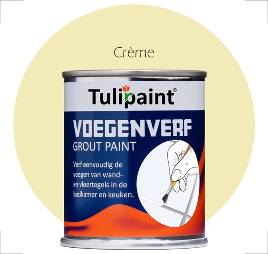 Blik voegverf Crème van Tulipaint met illustratie van een hand die voegwerk schildert.
