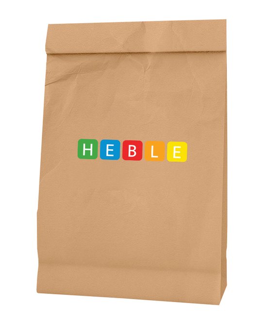 Bruine papieren tas met de gekleurde letters 'H E B L E'.