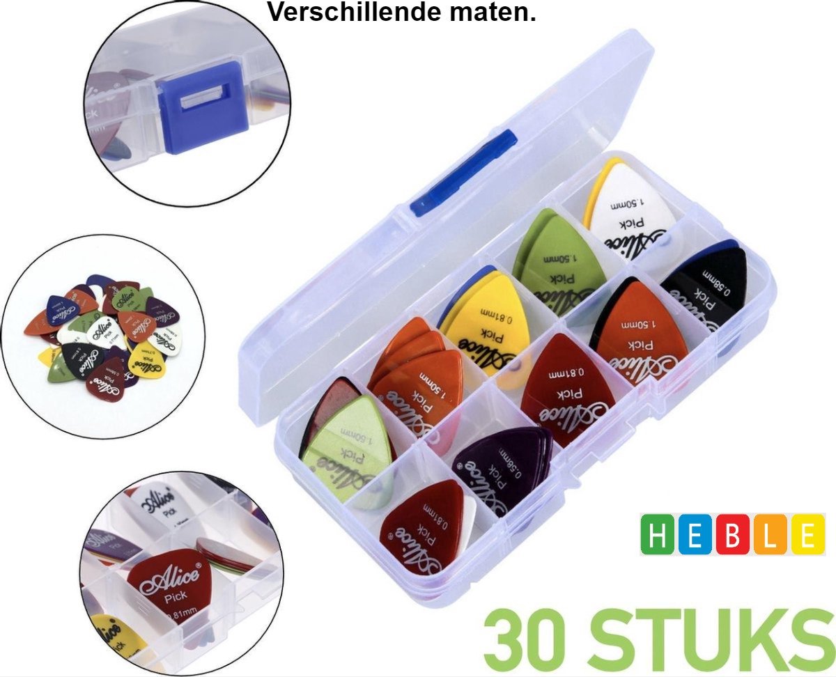 *** 30 Gitaar Plectrums in Handige box - Verschillende Diktes - Complete Set - Gitaar - van Heble® ***