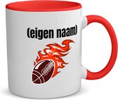 Akyol - rugbybal vuur met eigen naam koffiemok - theemok - rood - Rugby - atleten - mok met eigen naam - iemand die houdt van rugby - verjaardag - cadeau - kado - 350 ML inhoud