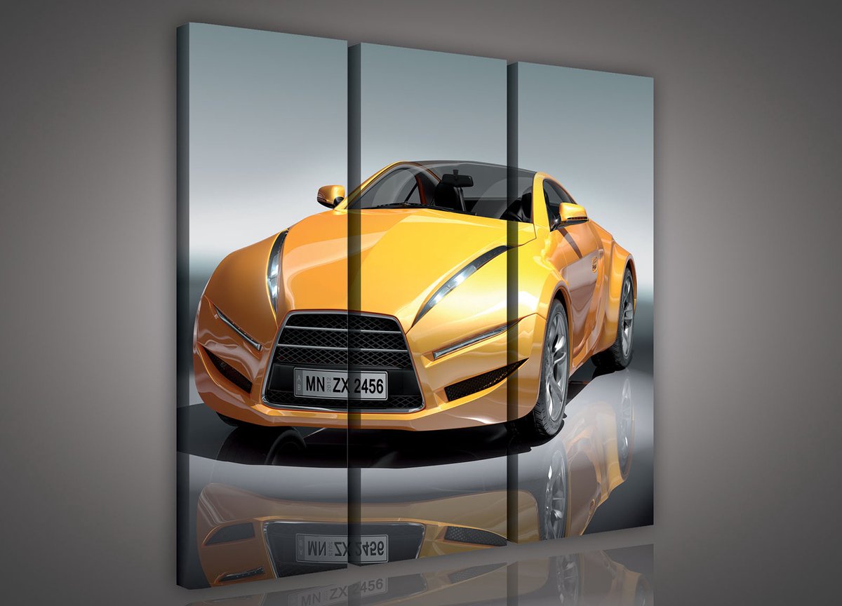 Canvas Schilderij - Auto - Sportauto - Geel - Lamborghini - Inclusief Frame - 90x80cm (lxb) - 3 Luiks