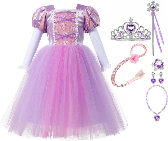 Het Betere Merk - Prinsessenjurk meisje - Paarse Jurk - 110/116 (120) - Verkleedkleding Meisje - Tiara+Toverstaf - Juwelen - Haarband met haarvlecht - Speelgoed meisje - Cadeau Meisje - Kleed - Verjaardag