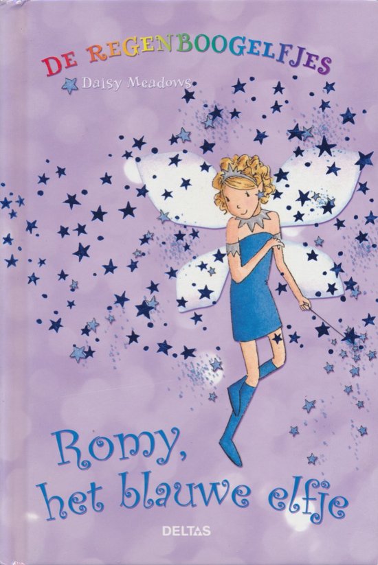 Boek 'De Regenboogelfjes Romy, het blauwe elfje' met een blauwe elf met vleugels en toverstaf, omringd door sterren.