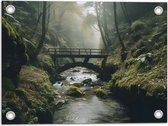 Tuinposter – Houten Brug over Riviertje in Mistig Bos - 40x30 cm Foto op Tuinposter (wanddecoratie voor buiten en binnen)