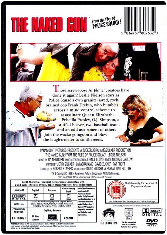 Achterkant van de DVD hoes. Leslie Nielsen en Priscilla Presley uit The Naked Gun. Met tekst in het Nederlands, Engels en Frans.