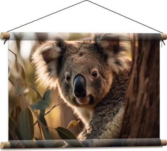 Textielposter - Nieuwsgierige Koala Vanachter Dikke Boom - 60x40 cm Foto op Textiel