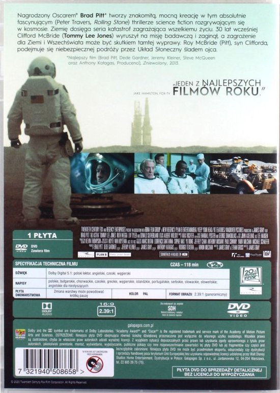 Achterkant Ad Astra DVD met castfoto's, tekst en technische specificaties. Brad Pitt in astronautenpak.