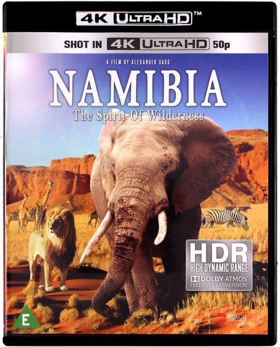 Blu-ray hoes met een olifant, leeuw, giraffen en zebra's in de woestijn. Titel: 'Namibia The Spirit Of Wilderness'.