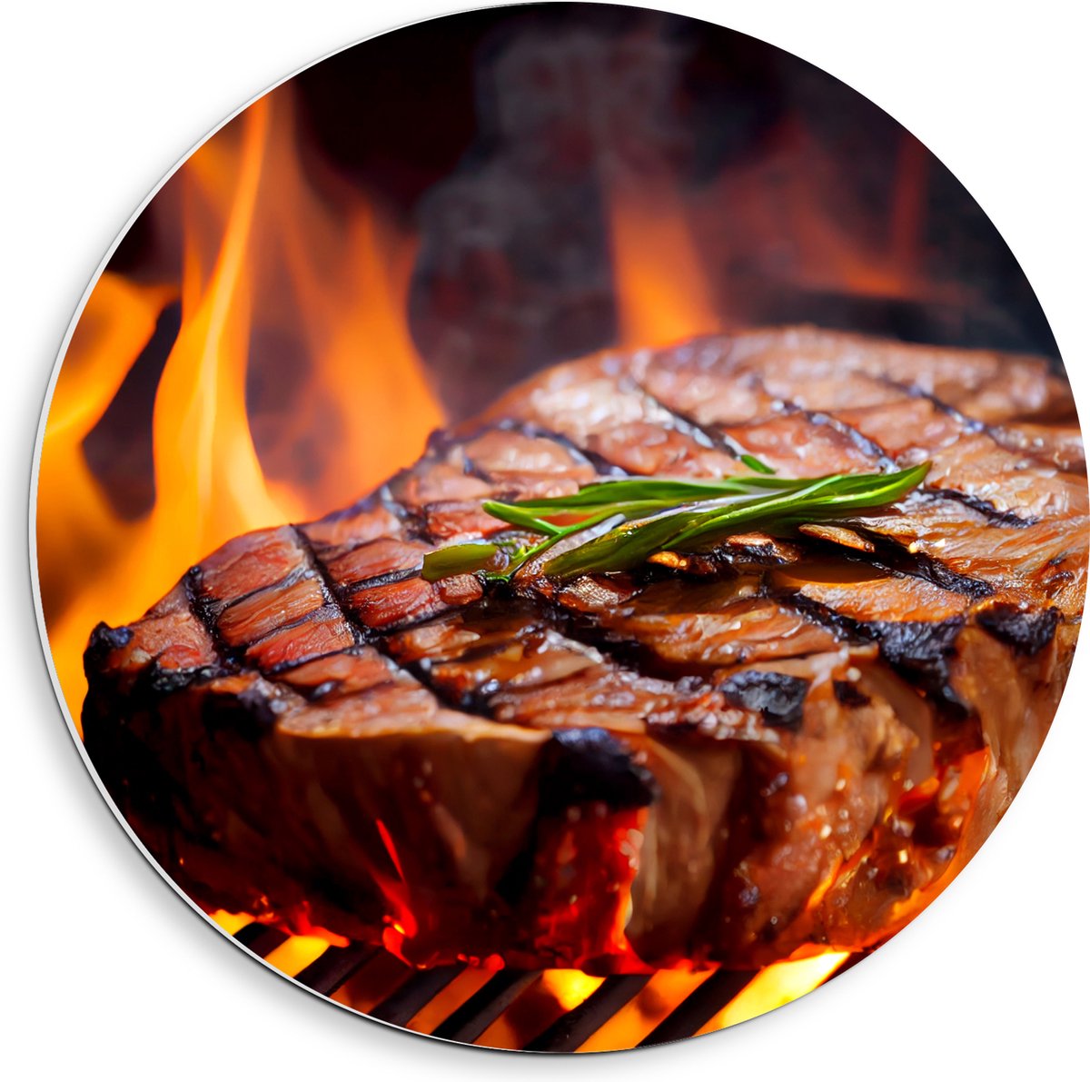 PVC Schuimplaat Muurcirkel - Brandende Steak op Barbecue - 40x40 cm Foto op Muurcirkel (met ophangsysteem)