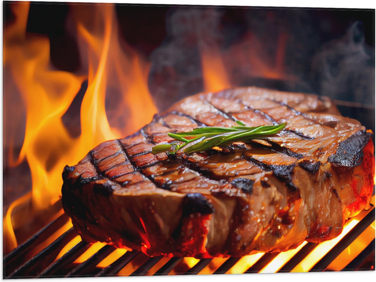 Vlag - Brandende Steak op Barbecue - 80x60 cm Foto op Polyester Vlag