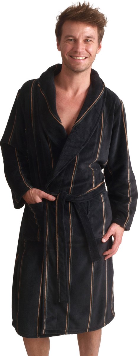 Blauwe badjas heren - strepen - fleece badjas - kamerjas - warme badjas - zacht - cadeau voor hem - maat S