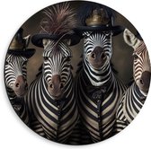 Dibond Muurcirkel - Groep Zebra's met Komische Hoeden - 40x40 cm Foto op Aluminium Muurcirkel (met ophangsysteem)