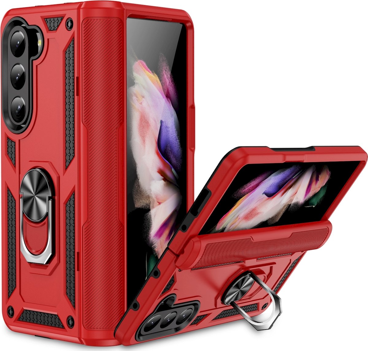 Mobigear Hoesje geschikt voor Samsung Galaxy Z Fold 5 Telefoonhoesje Hardcase | Mobigear Armor Ring Backcover Shockproof met Ringhouder | Schokbestendig Galaxy Z Fold 5 Telefoonhoesje | Anti Shock Proof - Rood