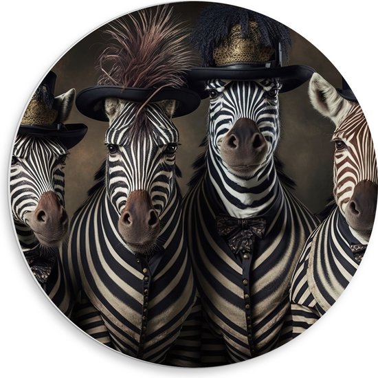 PVC Schuimplaat Muurcirkel - Groep Zebra's met Komische Hoeden - 50x50 cm Foto op Muurcirkel (met ophangsysteem)