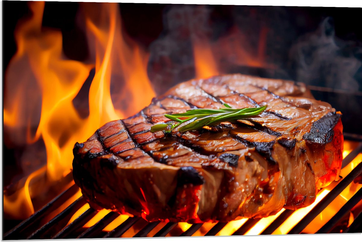 Dibond - Brandende Steak op Barbecue - 90x60 cm Foto op Aluminium (Met Ophangsysteem)