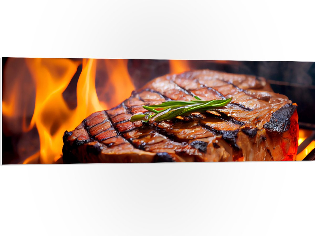 PVC Schuimplaat - Brandende Steak op Barbecue - 120x40 cm Foto op PVC Schuimplaat (Met Oph