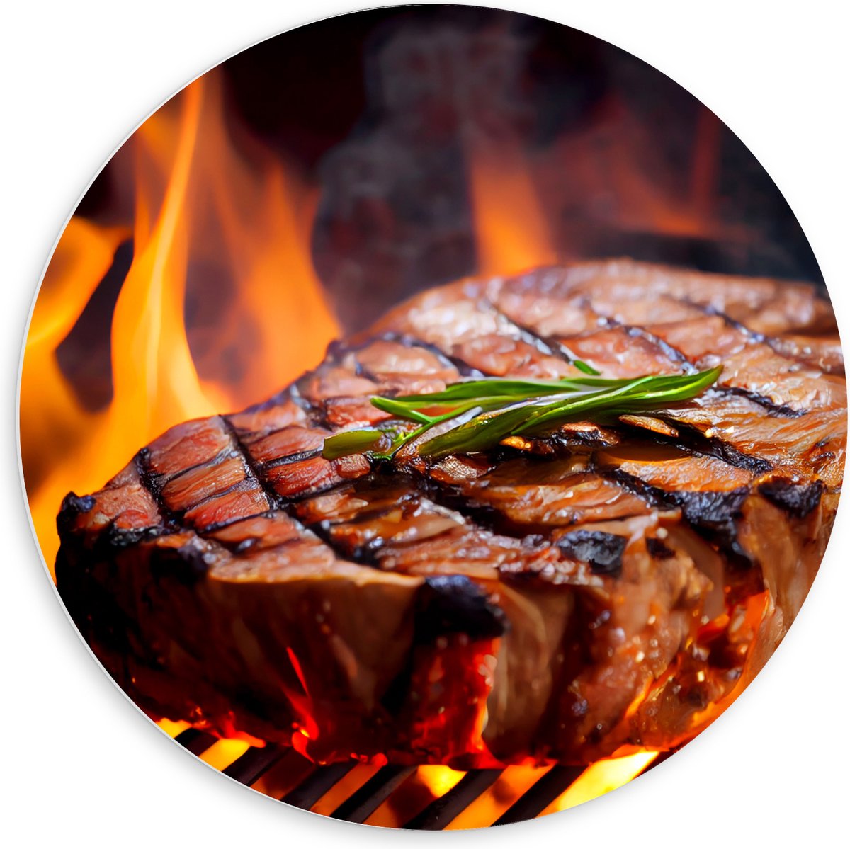 PVC Schuimplaat Muurcirkel - Brandende Steak op Barbecue - 60x60 cm Foto op Muurcirkel (me