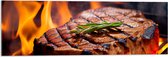 Acrylglas - Brandende Steak op Barbecue - 90x30 cm Foto op Acrylglas (Met Ophangsysteem)