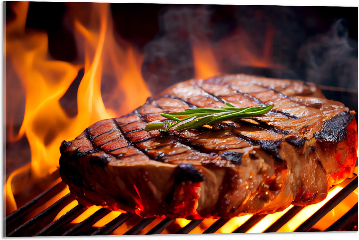 Acrylglas - Brandende Steak op Barbecue - 75x50 cm Foto op Acrylglas (Met Ophangsysteem)