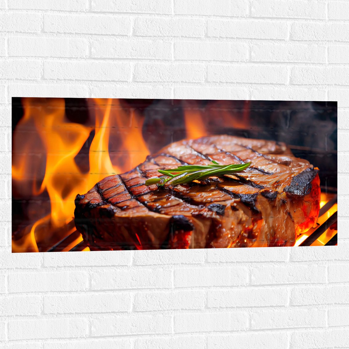 Muursticker - Brandende Steak op Barbecue - 100x50 cm Foto op Muursticker
