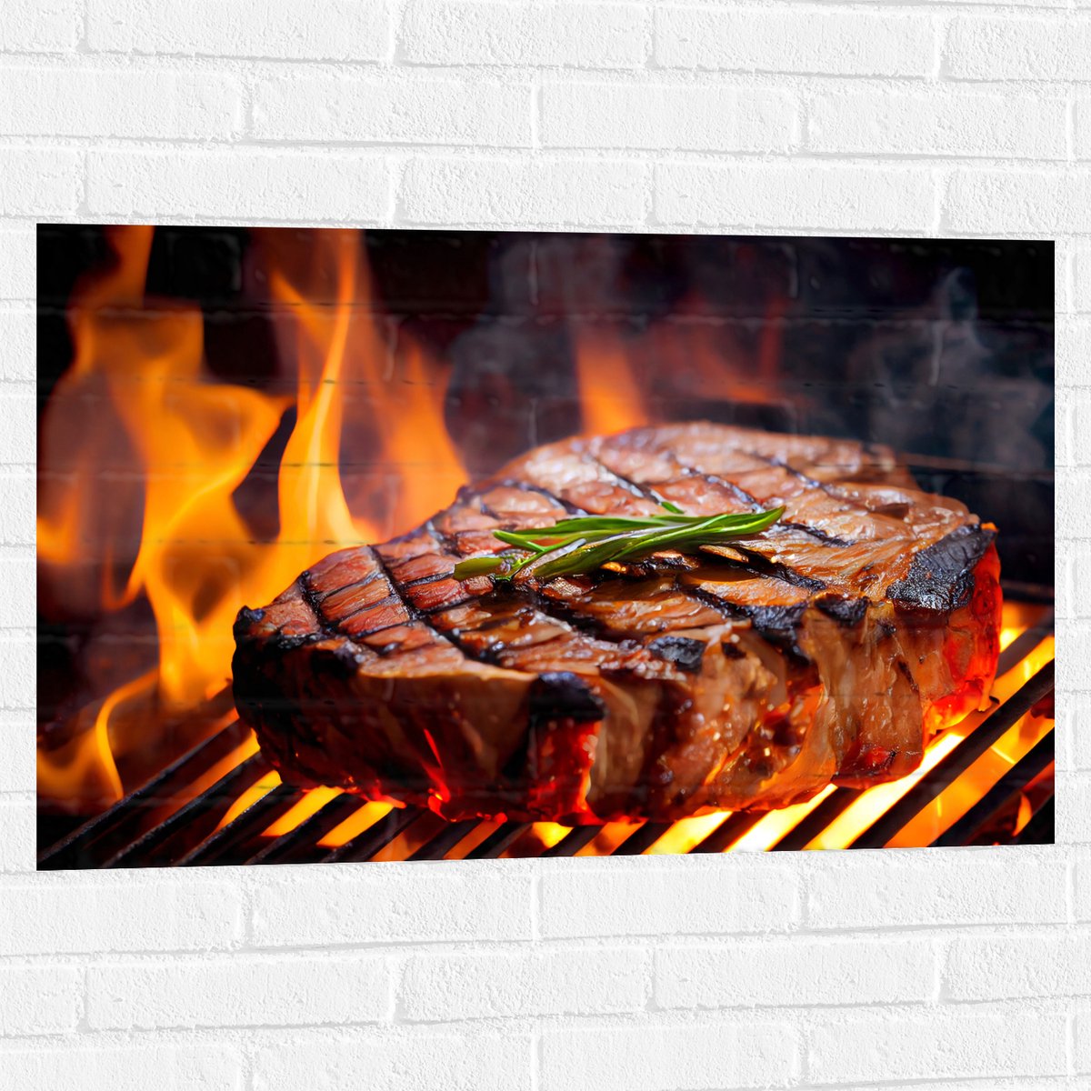 Muursticker - Brandende Steak op Barbecue - 90x60 cm Foto op Muursticker