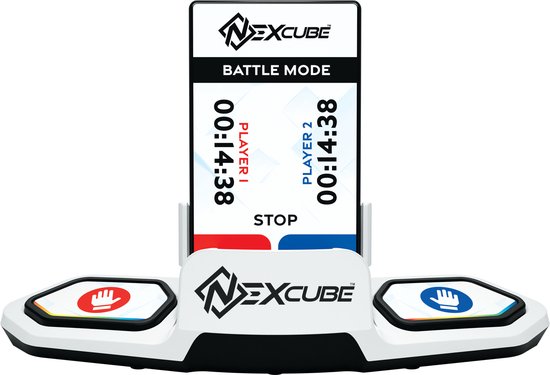 Nexcube competitie timer met display, rode en blauwe startknoppen.