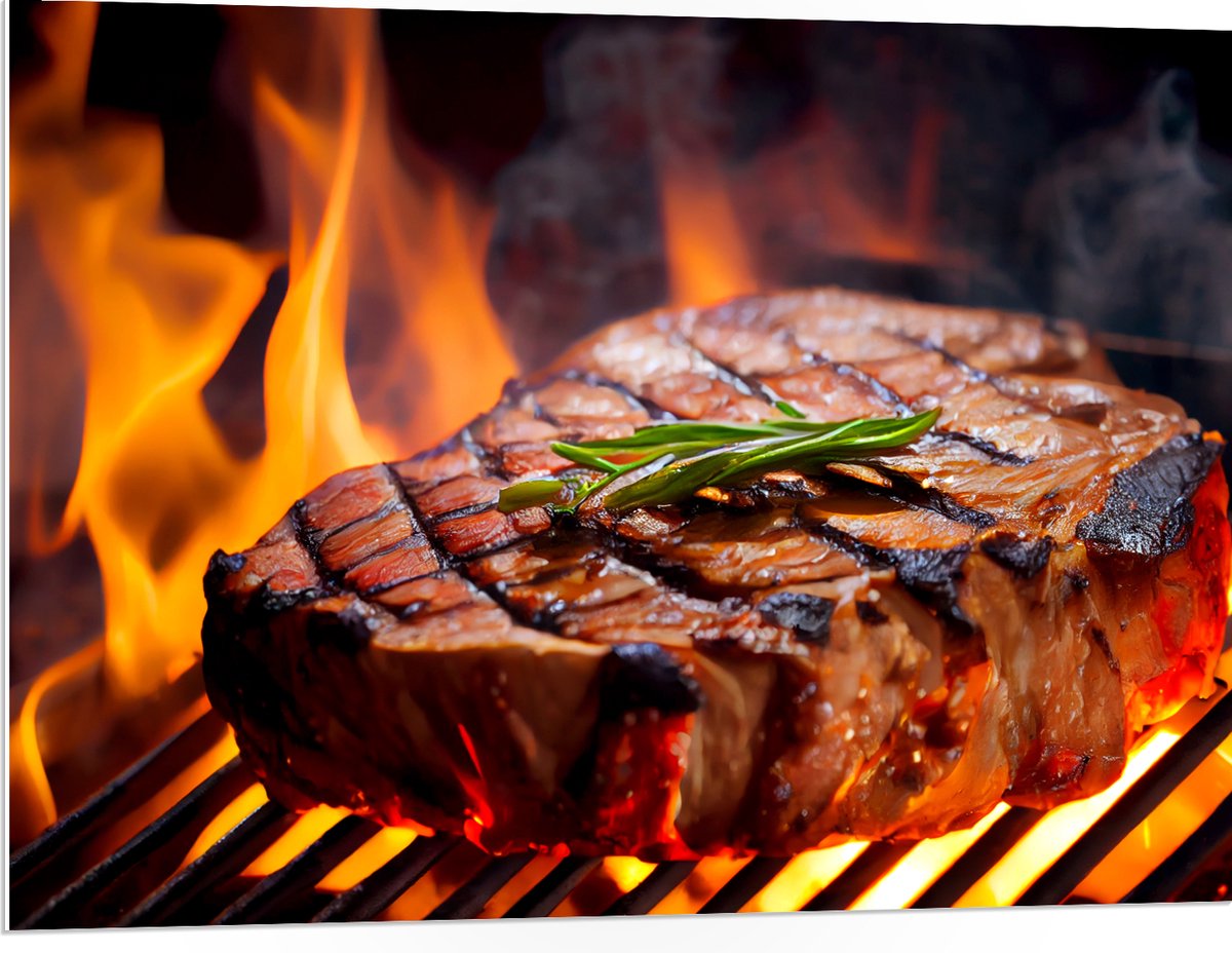 PVC Schuimplaat- Brandende Steak op Barbecue - 100x75 cm Foto op PVC Schuimplaat
