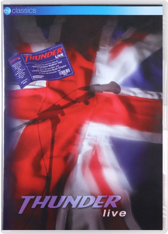 Live-dvdhoes met de Union Jack en een microfoon. De tekst 'THUNDER live' staat in paars op de hoes.