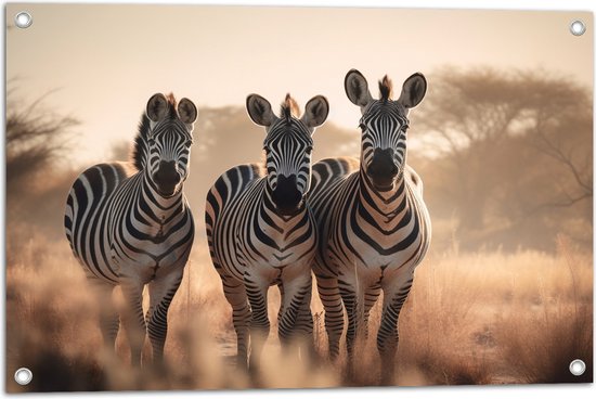 Tuinposter – Drie Zebra's in Droog Landschap - 75x50 cm Foto op Tuinposter (wanddecoratie voor buiten en binnen)