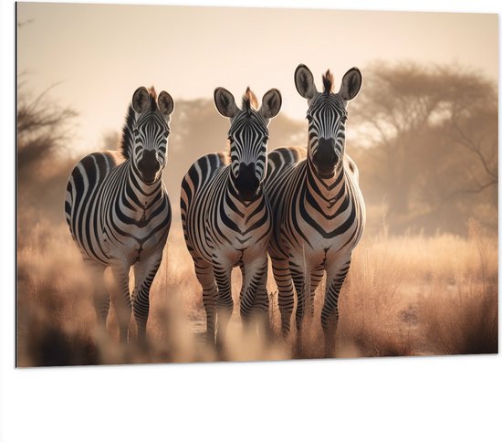 Dibond - Drie Zebra's in Droog Landschap - 100x75 cm Foto op Aluminium (Met Ophangsysteem)