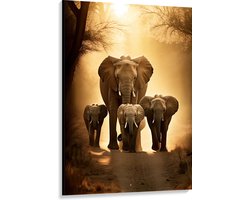 Canvas - Lopende Olifant met Drie Jongen over bospad - 100x150 cm Foto op Canvas Schilderij (Wanddecoratie op Canvas)