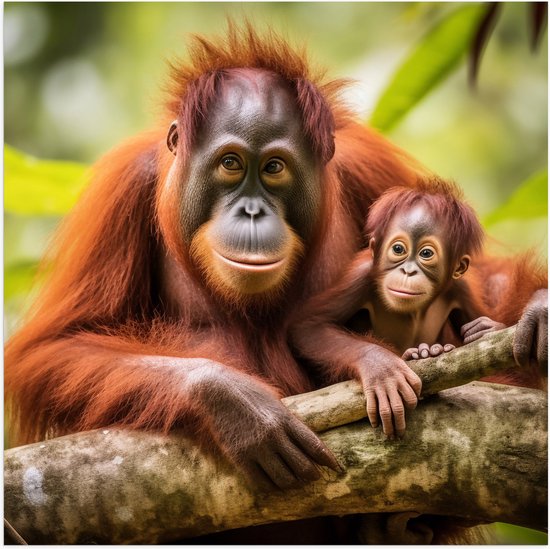Poster Glanzend – Orang Oetan Aap met Baby zittend bij Takken - 50x50 cm Foto op Posterpapier met Glanzende Afwerking